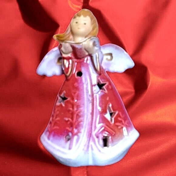 ANGEL CHRISTMAS VOTIVE CANDLEHOLDER Glazed Ceramic Singing Carols. VINTAGE - Picture 2 of 2